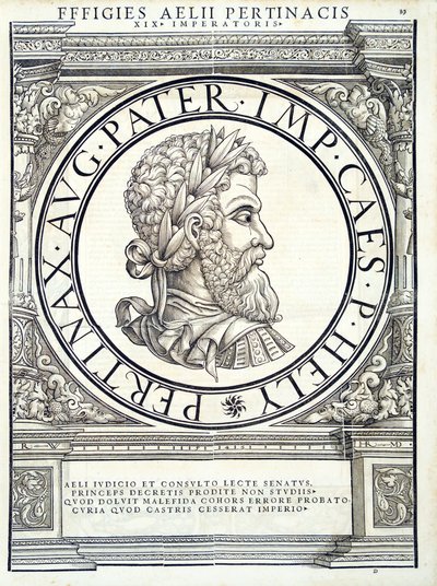 Aelius Pertinax, illustratie uit Imperatorum romanorum omnium orientalium et occidentalium verissimae imagines ex antiquis numismatis, houtsnede door Rudolph Wyssenbach, gedrukt door Andreas Gesner, Zürich door Hans Rudolf Manuel Deutsch